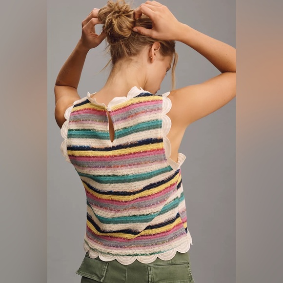 Anthropologie Blue Tassel Sleeveless Crochet Scallop-Trim Top - Picture 2 of 7